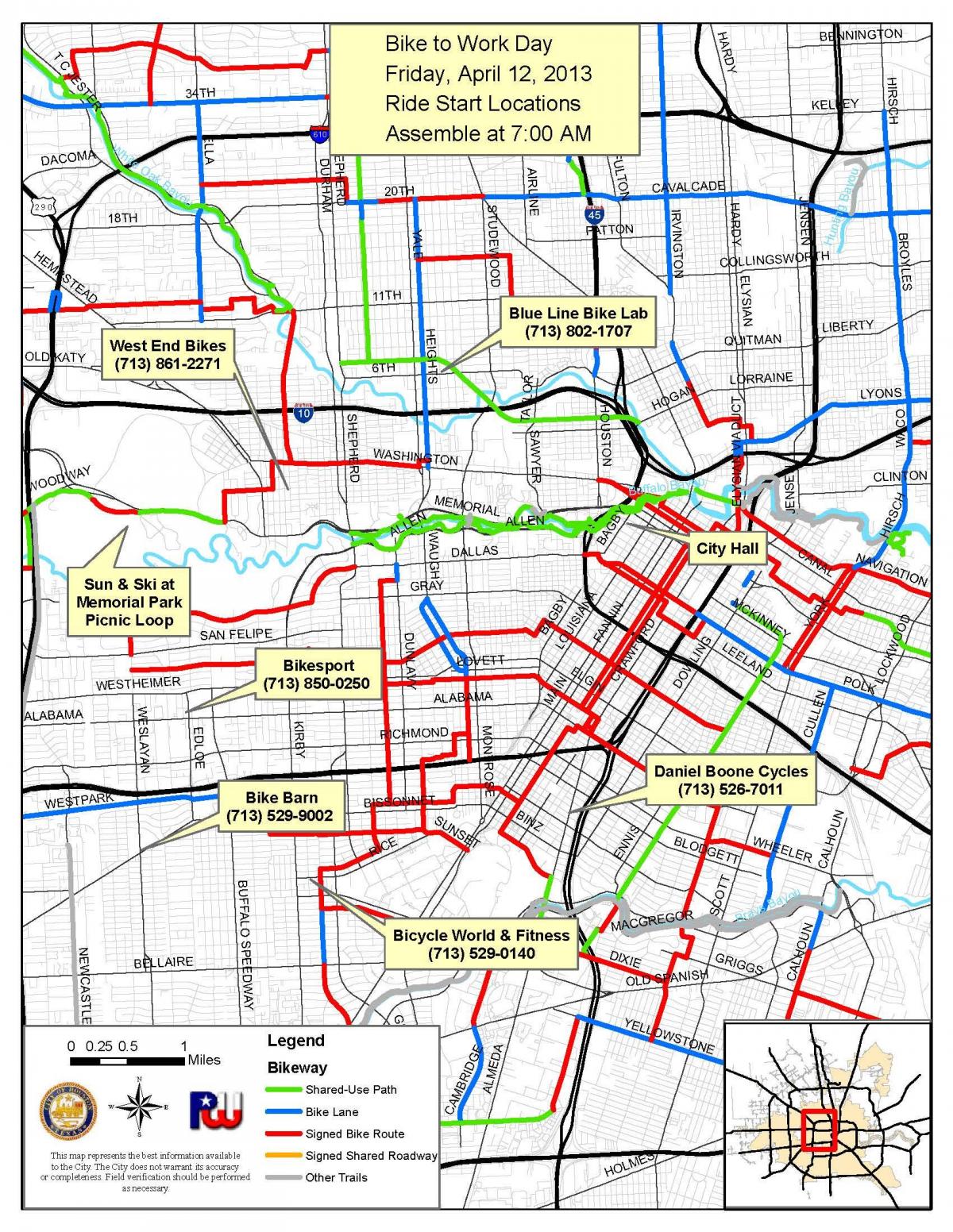 biciklističke staze Houston na karti
